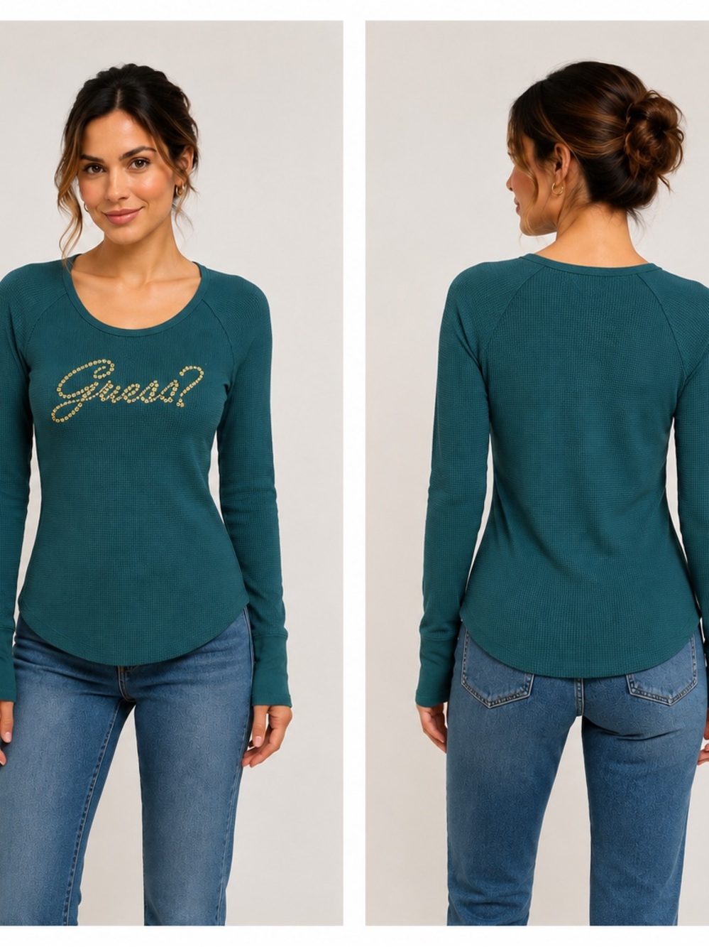 Guess Teal Waffle-Knit Long Sleeve Top